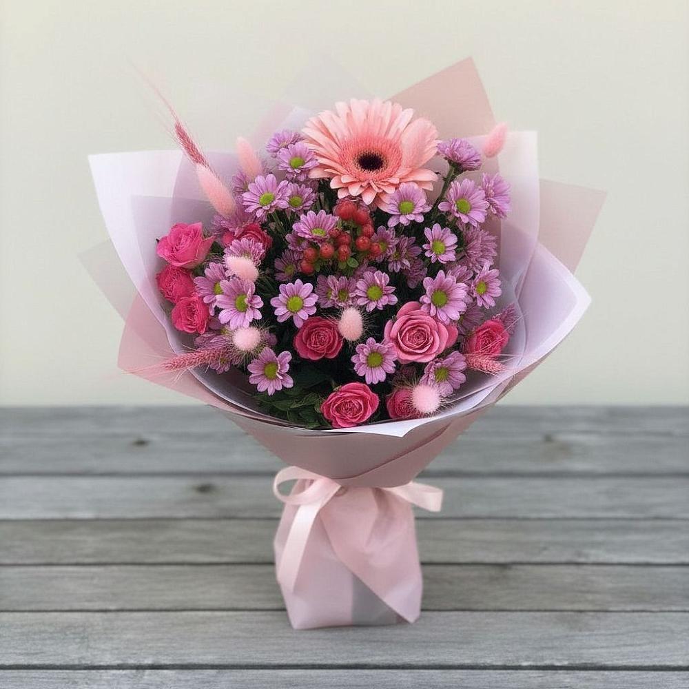 Букет цветов из: Розы, Герберы и Хризантемы в Шилке