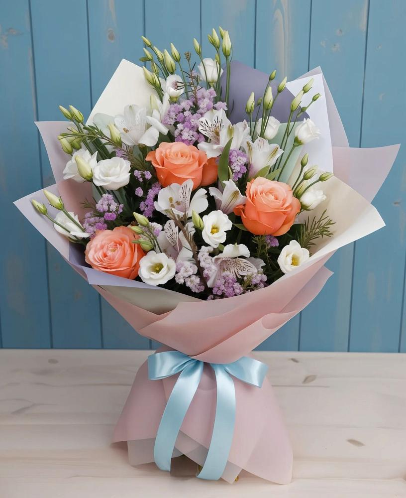 Букет цветов из: Лизиантусы, Розы, Альстромерии и Гипсофила в Шилке